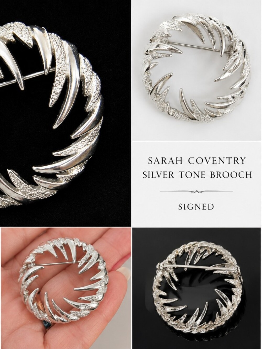 Vintage Sarah Coventry Silver Tone Wreath Brooch Textured Modernist Pin